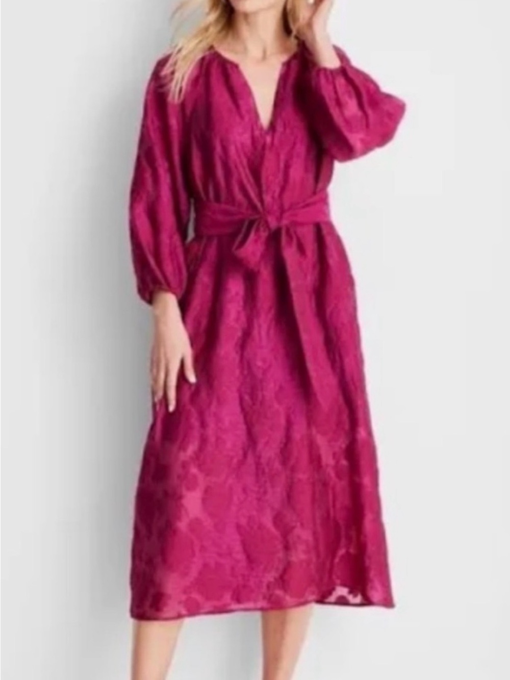 Magenta Textured Tie-Waist Midi Dress